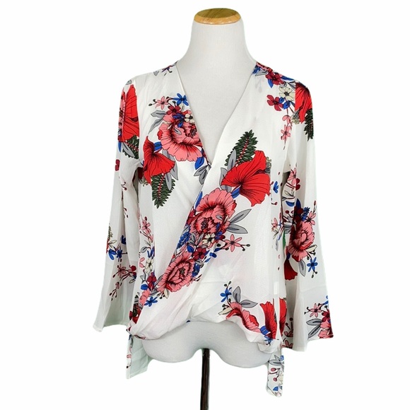 Tops - White Floral Print Faux Wrap Blouse